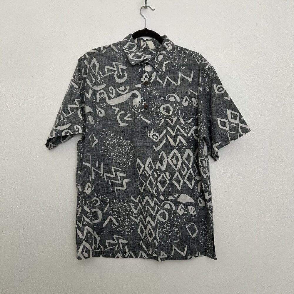 VTG 70s Mapili Hawaiian  Hawaii 1/4 Button Down Shirt Large Tiki‎ Gray Linen Leg